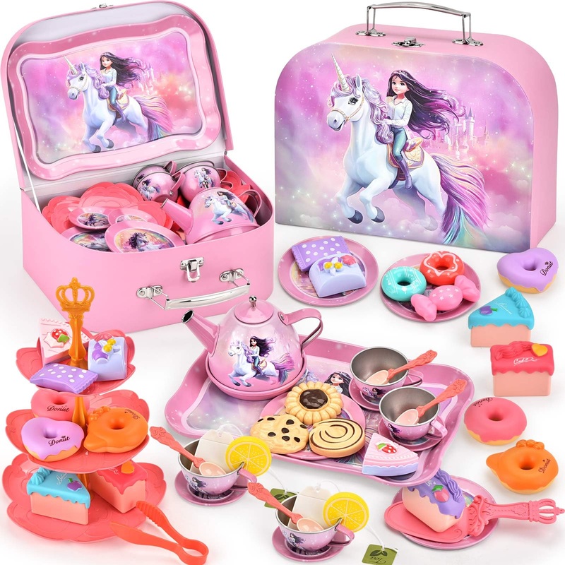 Lajeje Toddlers Unicorn Tea Party Set For Little Girls, Pretend Tin Teapot Set, Princess Tea Time Play Kitchen Toy With Dessert,
