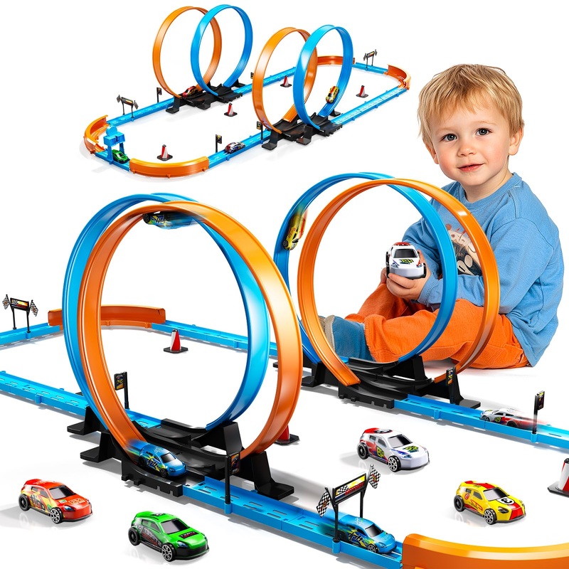 Lilybuds Toy Car Race Track Set For Boys Kids Age 3-5 4-7, Race Tracks With 4 Crash Zones And 1:64 Scale High-Speed Slot Cars, C