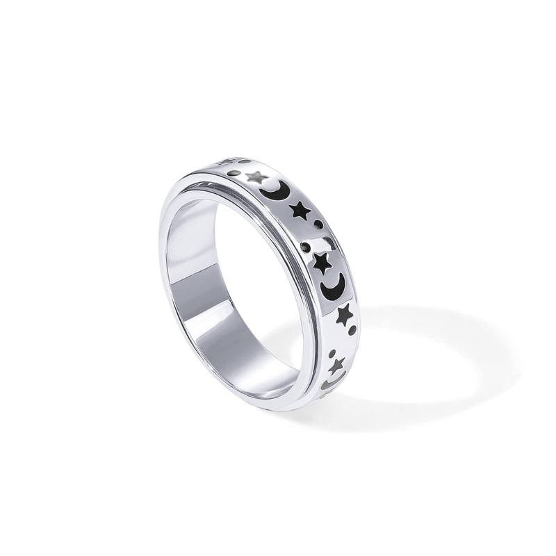 Pavoi Spinning Anxiety Ring (Moon And Star, White Gold, 5)