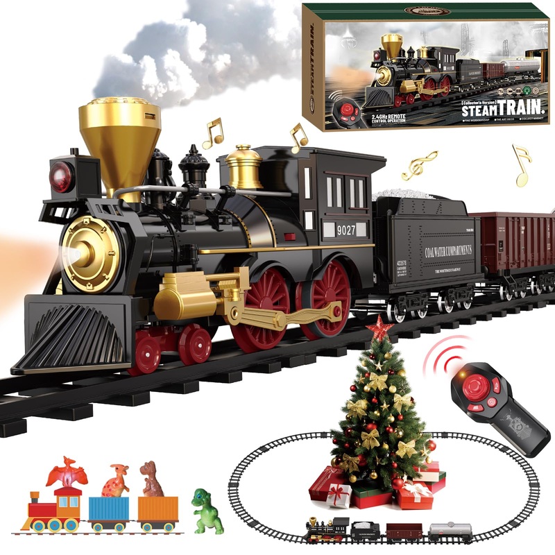 Remote Control Train Set For Kids Electric Steam Engine Locomotive, Oil Tank Train, Cargo Cars & Tracks, Realistic Smoke,Sounds