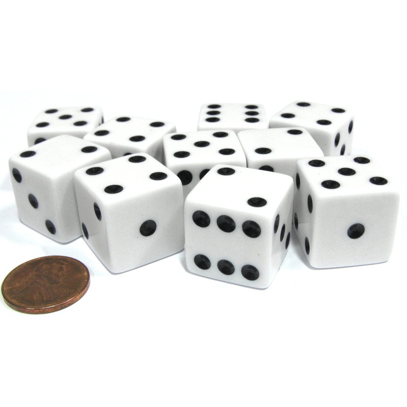 Set Of 10 Large Six Sided Square Opaque 19Mm D6 Dice – White With Black Pip Die