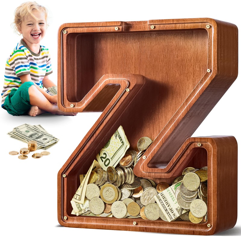 Summidate Large Wooden Piggy Bank For Kids Adults, Alphabets Letter A-Z Piggy Bank For Boys Girls, Coins Bills Change Bank Box P