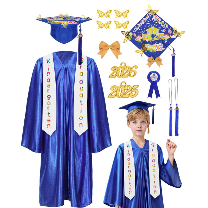 Wikitot Kindergarten Graduation Cap And Gown – Royal Blue Preschool Graduation Outfit With 2025 & 2026 Tassels, Badge, Stole For