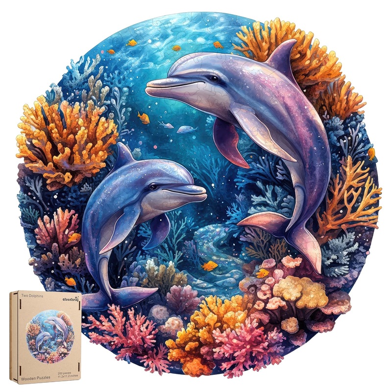 Wooden Puzzles For Adults, Dolphins World Wooden Jigsaw Puzzles 200Pcs,11.2X11.2In,Medium,Unique Shape Adult Puzzles,Irregular W