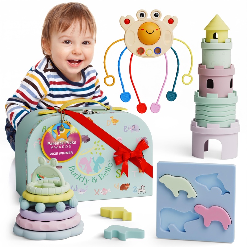 Buddy And Belle Montessori Toys For 1+ Year Old – Stacking Rings Baby Toy – Crab Pull String Toy – Baby Stacking Cups – Animal P