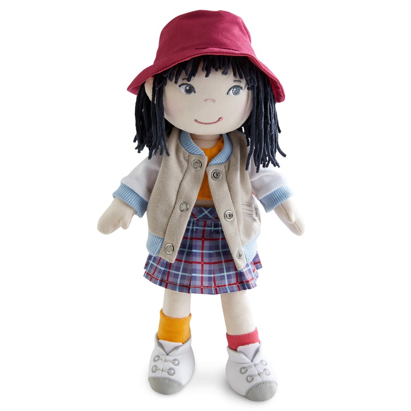 Haba 12” Soft Doll Yuki With Black Hair, Embroidered Face, Stylish Bucket Hat And Clothes – Washable Toddler Baby Doll For 18 M
