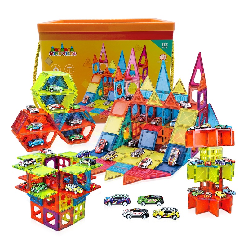 Magnetic Tiles Set – 112 Pcs With 20 Pull-Back Cars, Build Showroom, Interactive Stem Toy For Kids Age 3+, Educational Construct