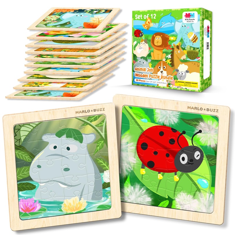Marlo & Buzz Set Of 12 Wooden Animal Joy Puzzles For Kids Ages 3-5 Years Old, 20 Pieces Jigsaw Colorful Educational Animals Puzz