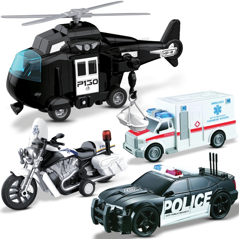 Playset Of 4 Police Vehicles For Kids Aged 3-9, Includes Police Car, Helicopter, Motorcycle, Toy Ambulance W/ Lights And Realist