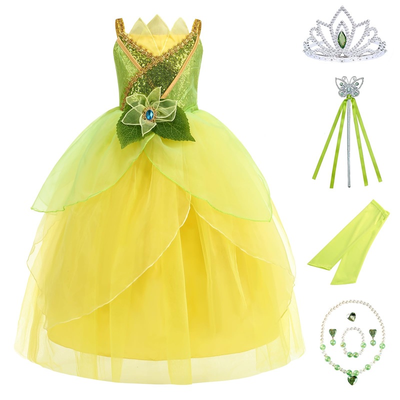 Rosadage Princess Costume For Girls Dress Up Role Play Halloween Cosplay Outfits With Accessories (Green, 120 (4-5T))