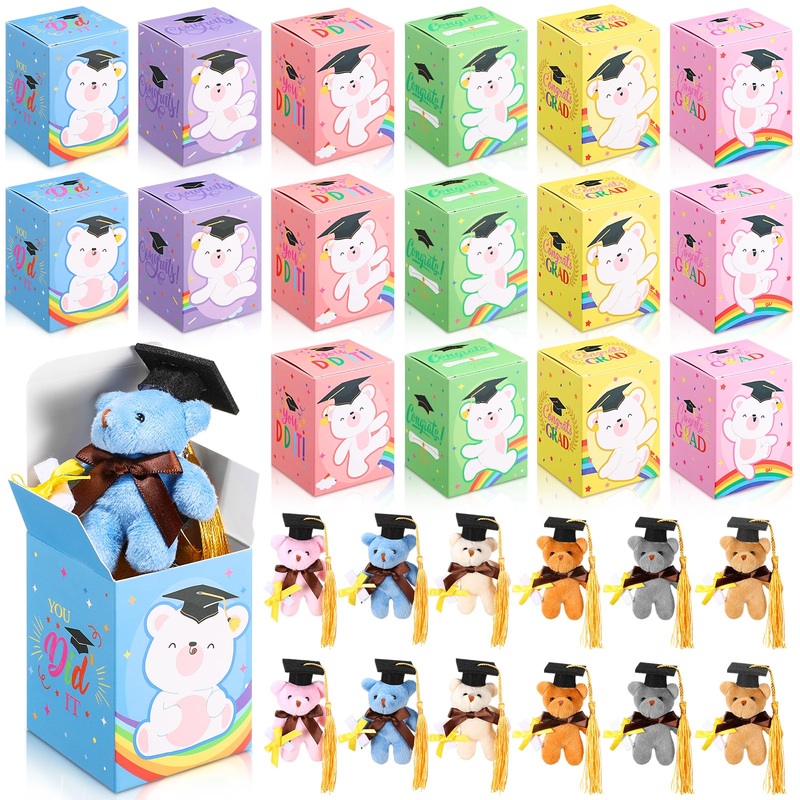 Trnayi 24 Set Mini Graduation Plush Bear With Graduation Gifts Box Graduation Stuffed Animal Keychain With Cap Gift Set For 2025
