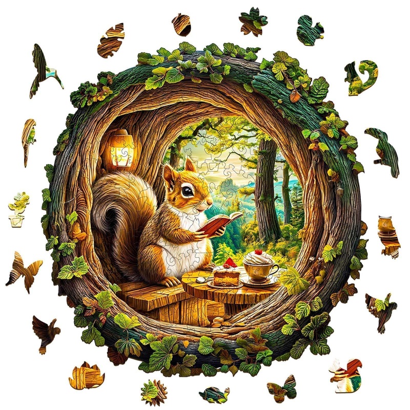 Wooden Puzzles For Adults – Squirrel In The Cave, Flat Jigsaw Puzzle With 3D Visual Effect, Unique Shape Wood Puzzles Adult, Goo