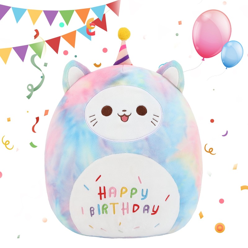Foryoung 12”Happy Birthday Cat Plush Toy Pillow
