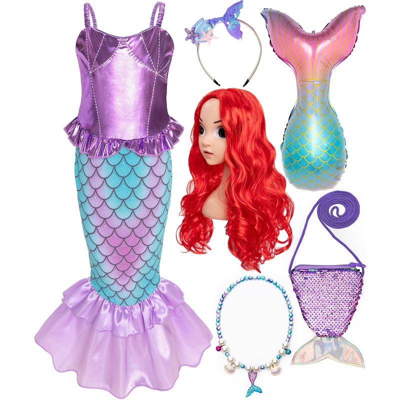 Funna Little Mermaid Costume For Girls Princess Dress Up With Accessories Wig Purple, 6 Years