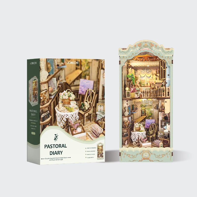 Iboheye Diy Book Nook Kit Wooden Decorative Bookend Stand Model 3D Miniature House Kit For Adults – Pastoral Diary Booknooks (Sq