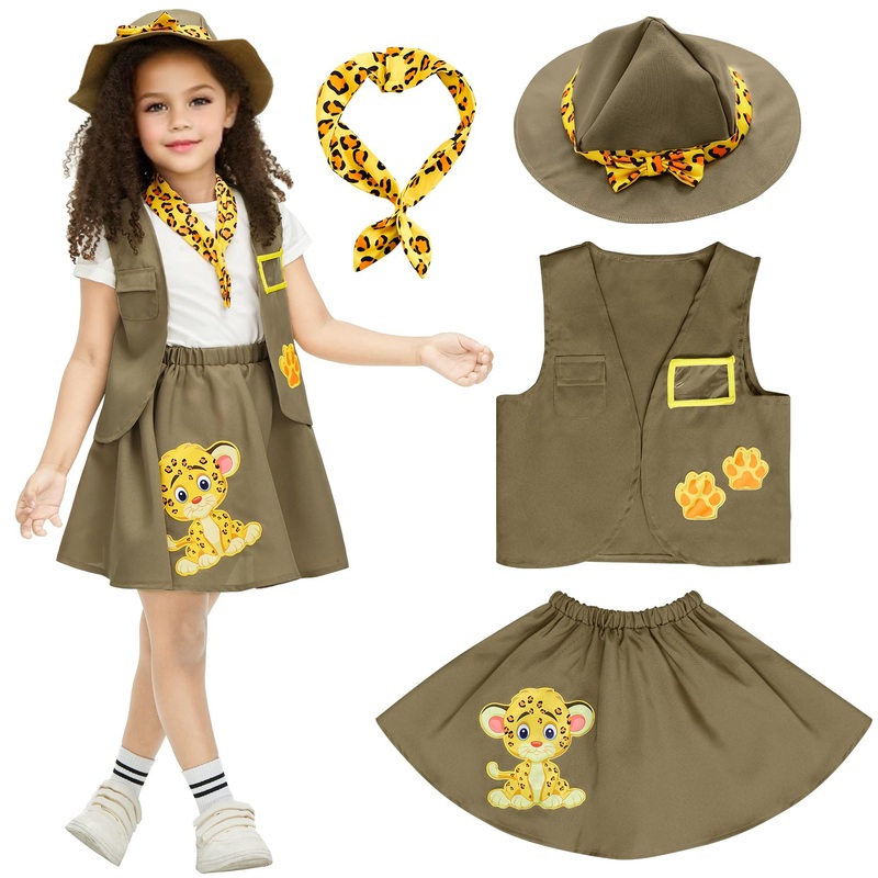 Ikali Kids Girls Zoo Keeper Costume Tiger Print Explorering Kit With Safari Vest & Hat