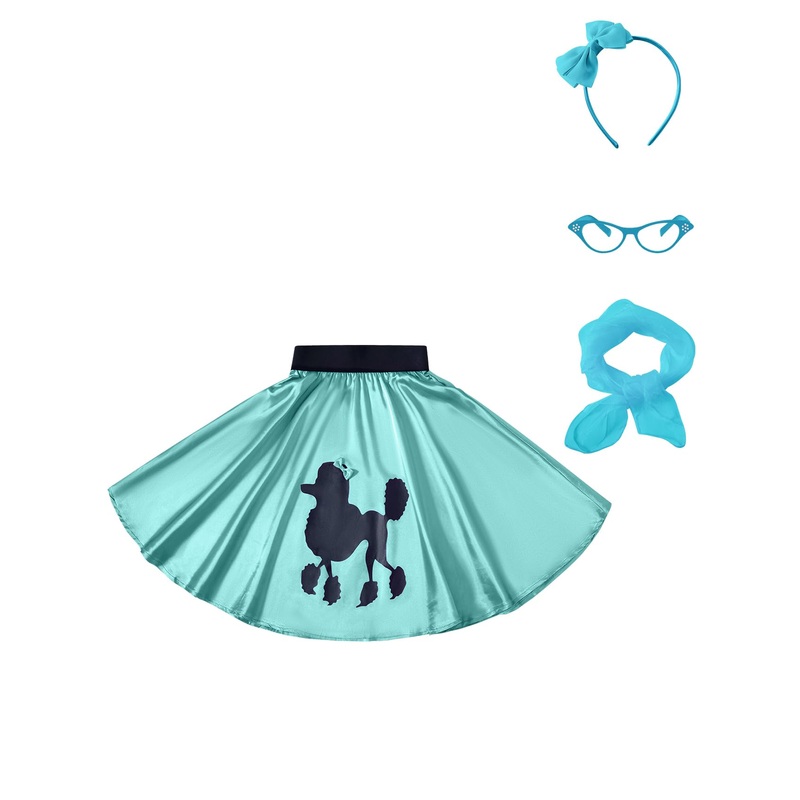 Inbakjade Girls Poodle Skirt 50S Costume Accessories Glasses, Scarf, Headband For Kids Halloween Costume(Blue,8-10T)