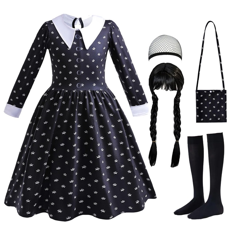 Luzlen Black Costume Girls With Wig Socks Kids Toddler Black Family Dress Halloween Cosplay Outfits, Black And White, 3-4T(Tag 1