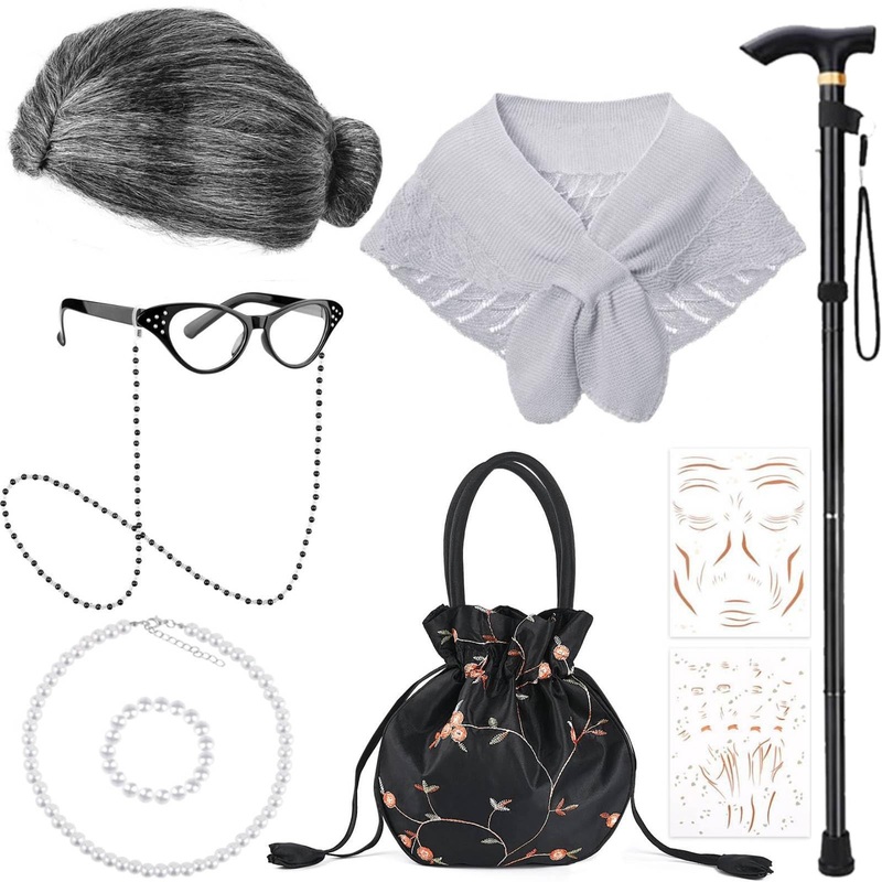 Matiniy 100Th Day Of School Old Lady Costume Grandma With Glasses Necklace Wig Granny Cane Set For School Event (Style2)