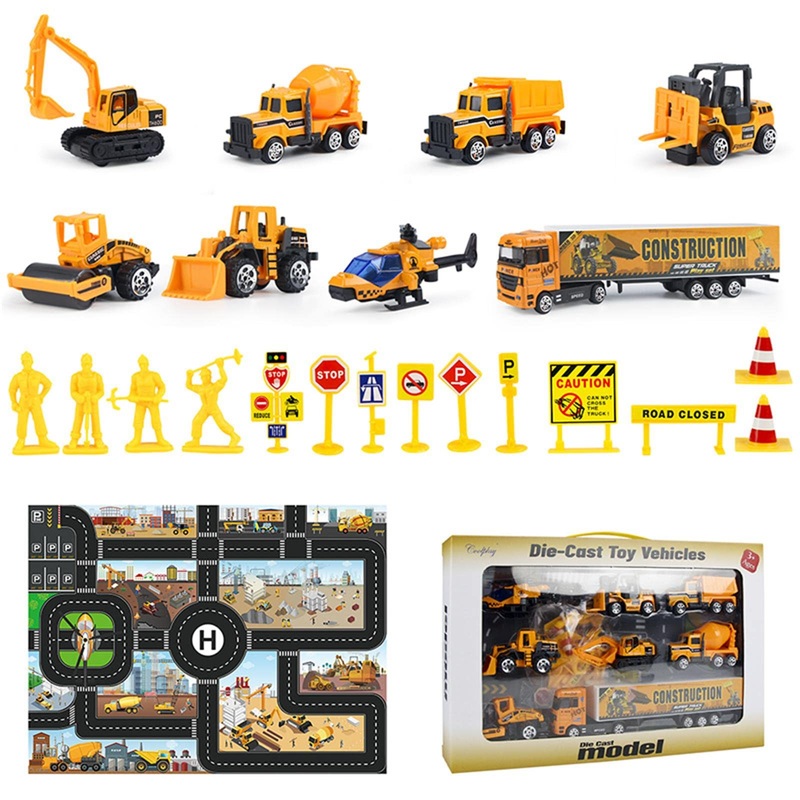 Qapizm Small Diecast Construction Vehicle Toy Trucks With Play Mat Road Signs, 23 Pcs Mini Forklift Bulldozer Excavator Mixer Du