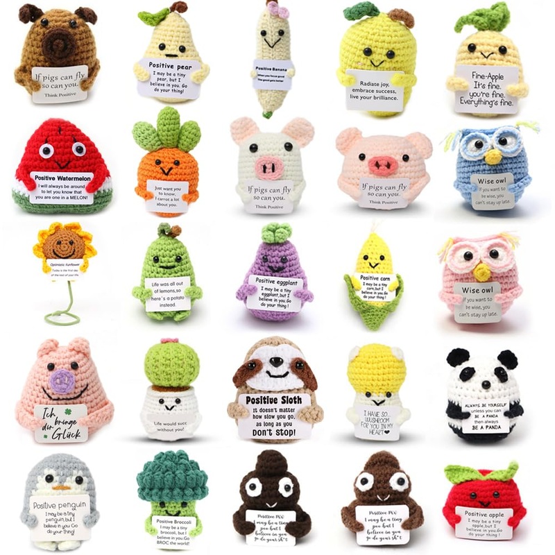 Sasotiye 9Pcs Mini Funny Positive Panda Gifts Emotional Support Crochet Animals Bulk Handmade Positive Crochet Animals Inspirati