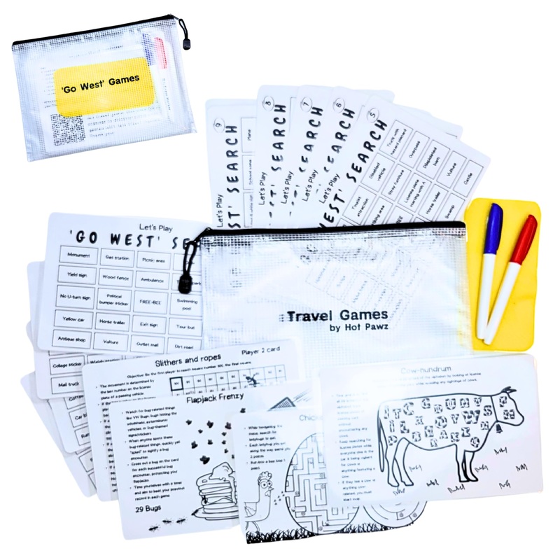 Travel Games For Families: Go West Highway Game, 36 Unique Games, Reusable Laminated Cards With Dry Erase Markers, Kid Scavenger