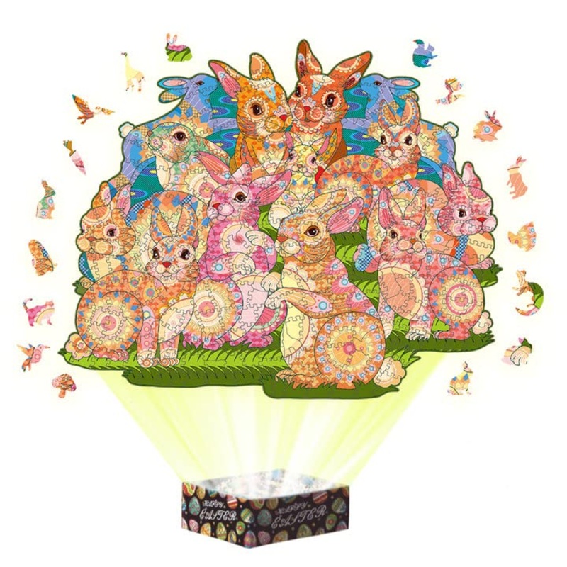 Wooden Jigsaw Puzzles For Easter – Bunny, 300 Pcs,11.8”X14.6”, Beautiful Gift Package, Unique Shape Best Gift For Adults And K