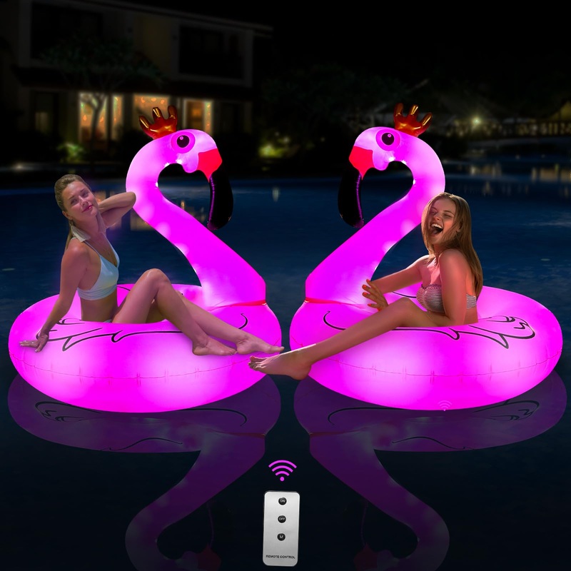 Allhero 2Pack 42” Inflatable Flamingo Pool Float With Lights, Solar Powered Flamingo Swim Tube Rings, Large Pool Beach Floaties