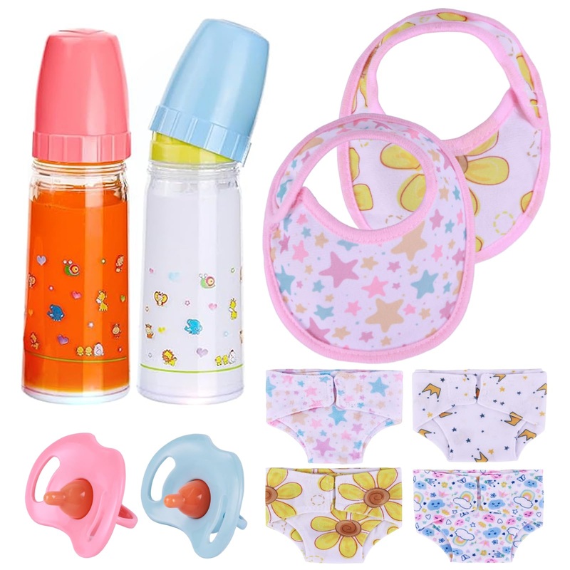 Babeside Baby Doll Accessories Set – 10 Pcs Including Bottles With Disappearing Milk, Pacifier, Bibs, Diapers – Pretend Play Fee