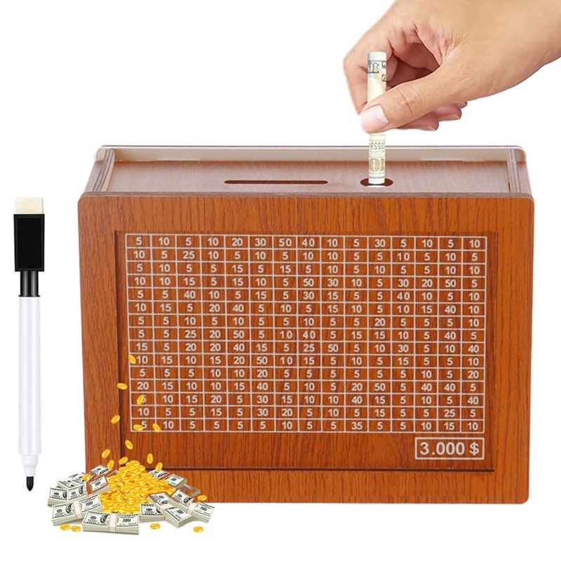 Cash Vault Retro Money Savings Box, Wooden Cash Saver With Money Target And Numbers (3000 Light Brown)