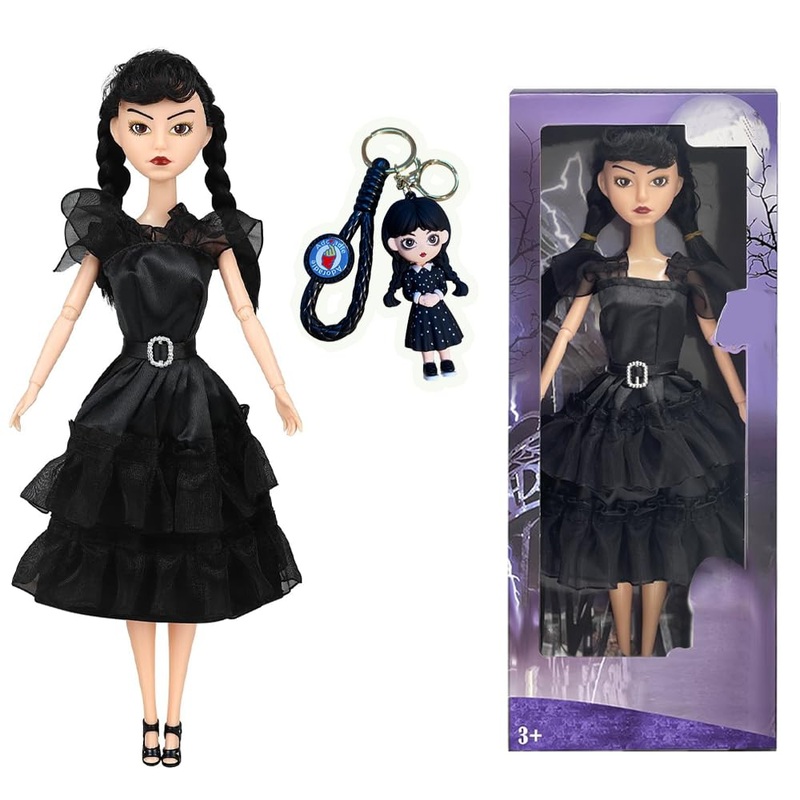 Dumwick 11.5”Addams Doll,Long Sleeve Dots Dress,Red Lips,Made To Move Addams Dolls,Birthday Gifts For Kids Girls Fans (D)