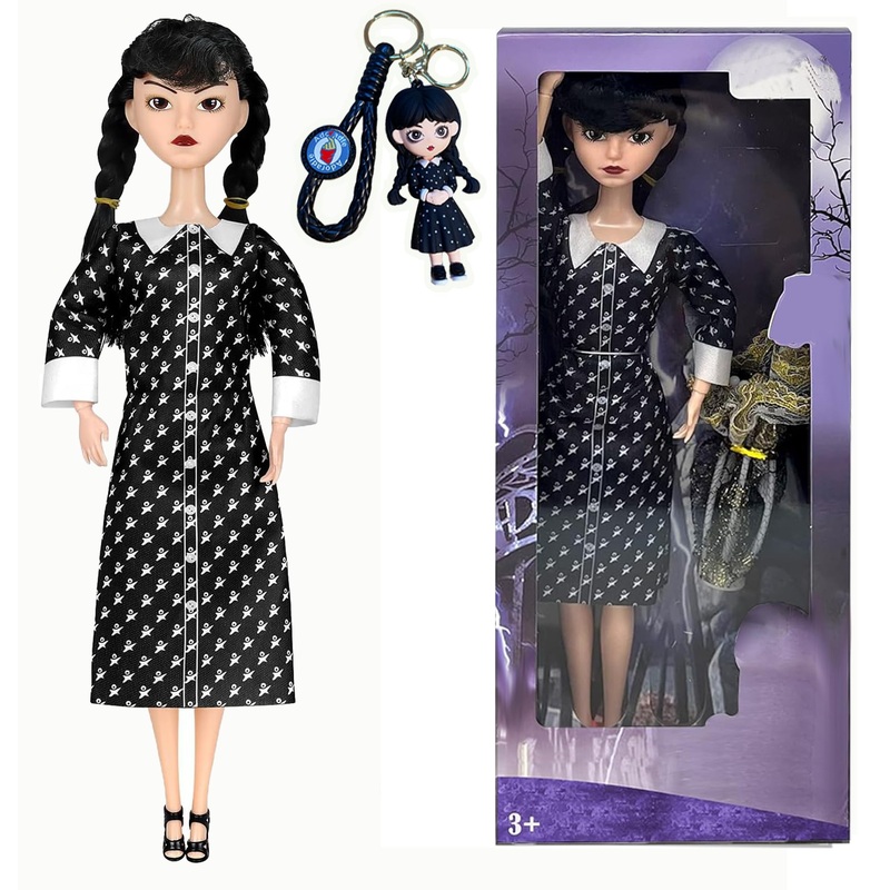 Dumwick 11.5”Addams Doll,Long Sleeve Dots Dress,Red Lips,Made To Move Addams Dolls,Birthday Gifts For Kids Girls Fans (F)