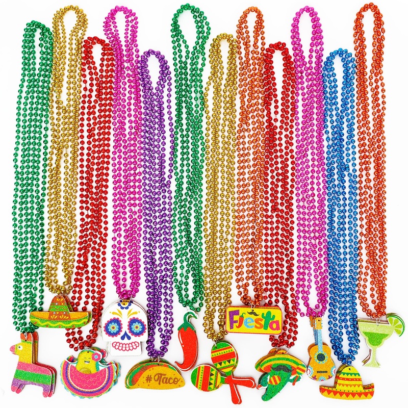 Eoboh 72Pcs Fiesta Party Necklace Decorations, Cinco De Mayo Mexican Beads, 12 Kinds Of Metallic Mexican Accessories Bulk, Fiest