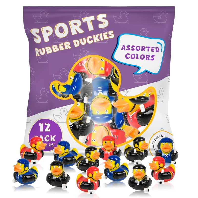 Forest & Twelfth Sports-Themed Rubber Duckies – Multicolor Mini Rubber Ducks, 2” Hockey, Baseball, Football, Basketball, And So