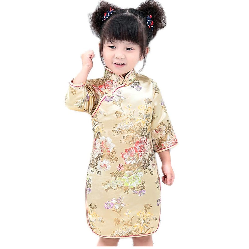 Hooyi Chinese Girls Dress Peony Rose Qipao Half Sleeve Cheongsam Wedding Dresses Princess Birthday Party Costume (Gold,14)