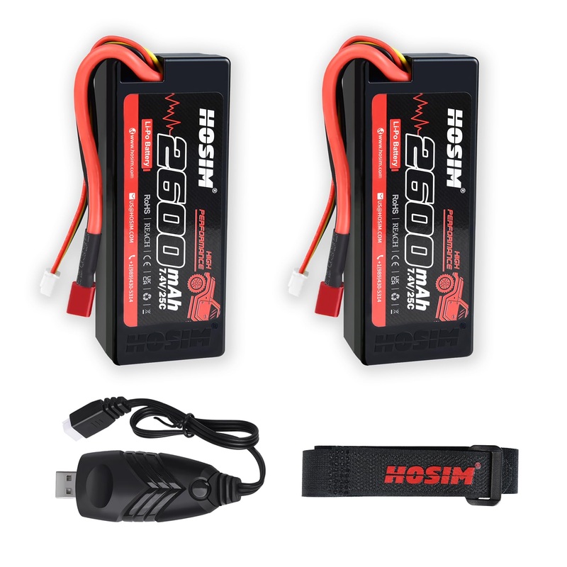Hosim 2Pcs 2S 7.4V 2600Mah Lipo Battery 25C With 1 Usb Chargers & 1 Battery Strap Rc Car Truck Rc Vehicles Boat Battery Fit For