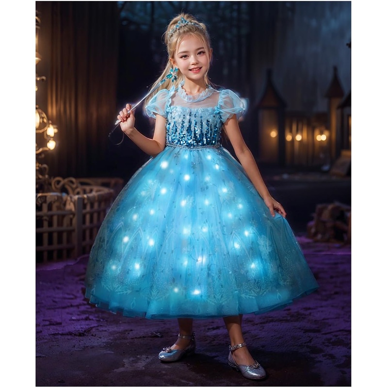 Hulaha Elsa Costume For Girls Led Light Up Kids Elsa Princess Dress Led Snow Dress Up Costume Sets 6-7Years
