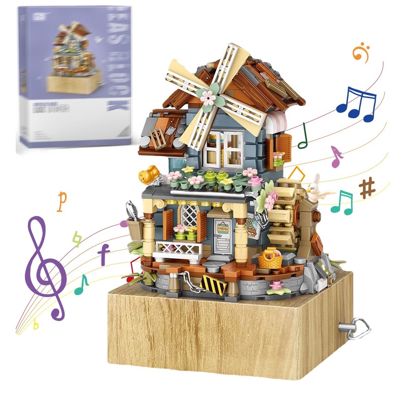 Luogfyni Music Box Building Blocks Set, Japanese Windmill House, Farm House Scene Creative Model, Mini Bricks Construction Build