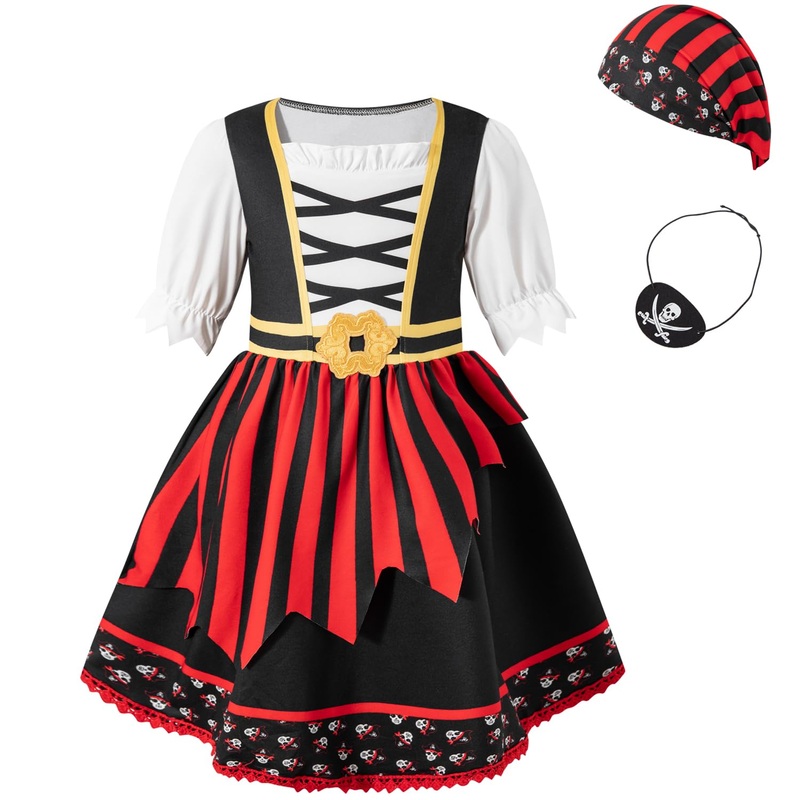Okbebe Toddler Baby Girl Pirate Costume Halloween Sea Buccaneer Dress And Pirate Eye Mask With Hat (Red,2T)