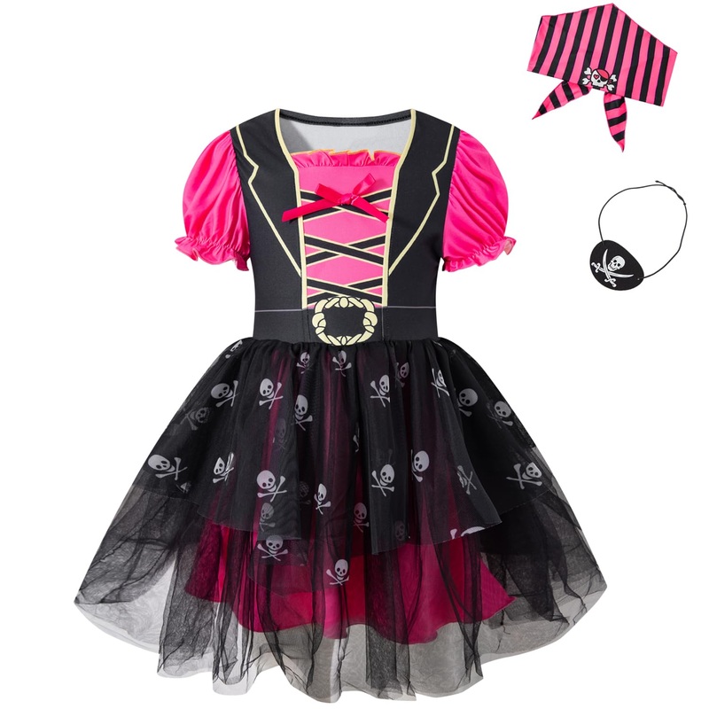 Okbebe Toddler Baby Girl Pirate Costume Halloween Sea Buccaneer Dress And Pirate Eye Mask With Head Scarf (Pink,12-18M)
