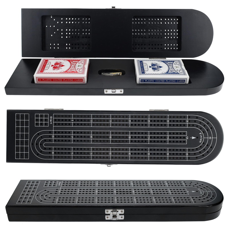 Pacific Shore Games Wooden Cribbage Board Game Set, Black Stained Continuous 3 Track For 2-3 Players With Card Storage