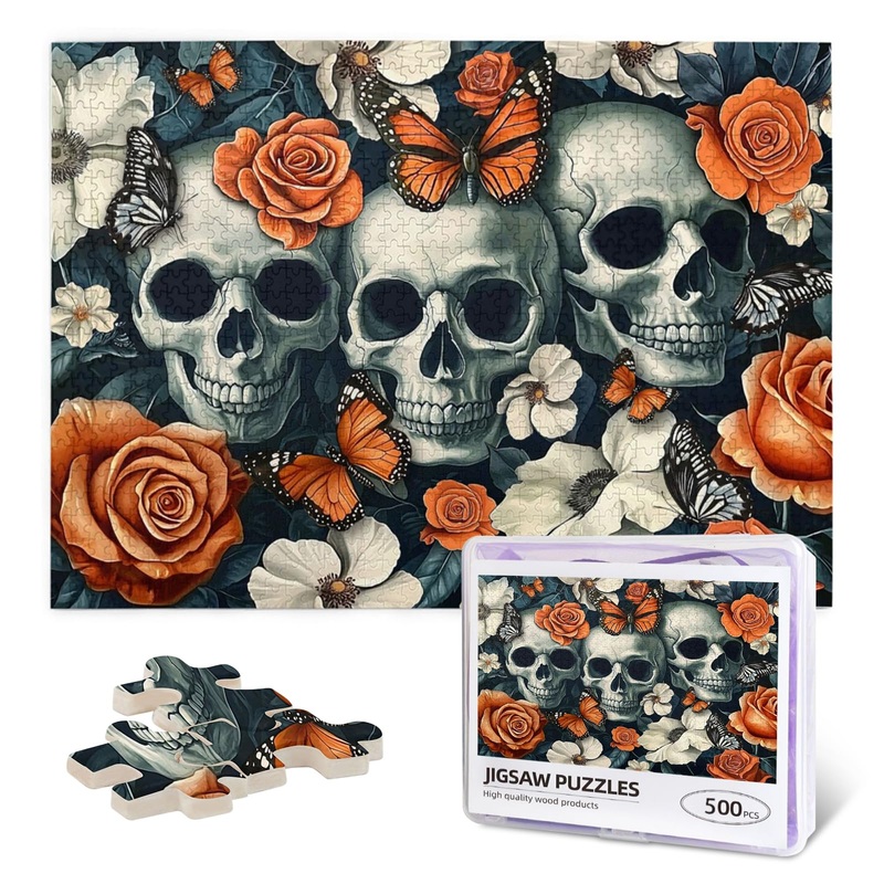 Skull Jigsaw Puzzle For Adults 500 Pieces Vintage Halloween Puzzles Horror Butterfly Flower Skeleton Wooden Puzzle For Family Fr