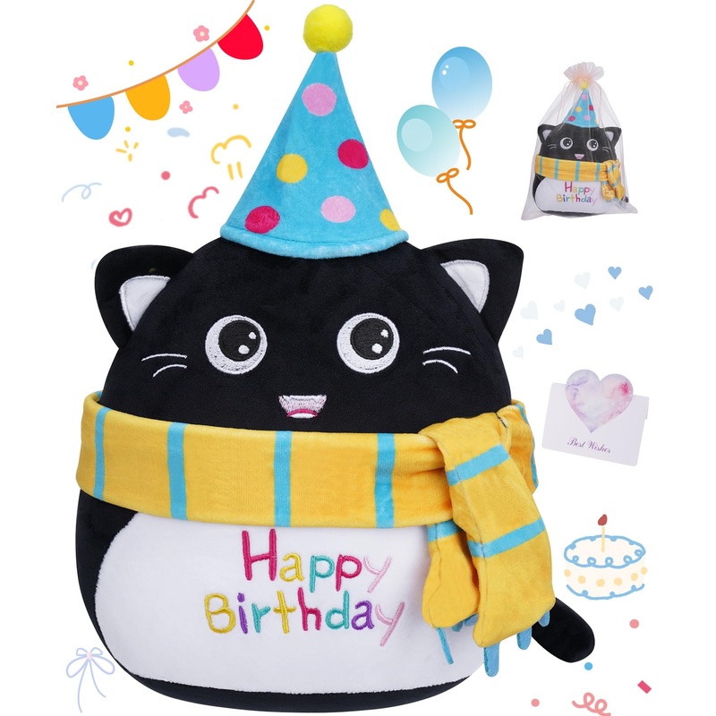 Stuffed Cat Birthday Plush Gift – Adorable Black Cat Stuffed Doll, Cute Birthday Hat And Scarf, Soft Huggable For Kids, Cute Dec