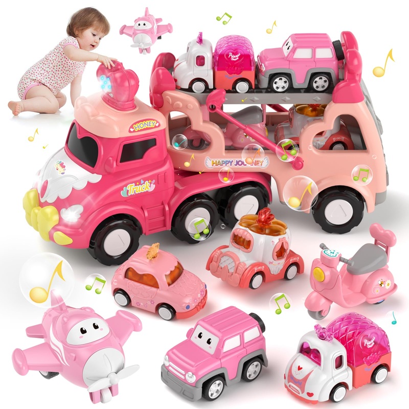 Toddler Girl Truck Toys For 1 2 3 Year Old Girl Birthday Gifts, 7-In-1 Pink Princess Car Transport Carrier Trucks For Toddlers 1