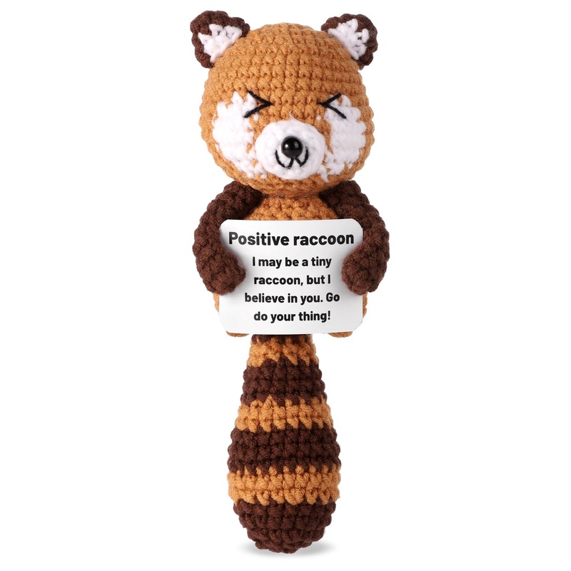 Toymis Positive Raccoon, 5.9 Inch Crochet Raccoon Emotional Support Cute Positive Doll Knitted Toy Doll Cheering Gift For Family