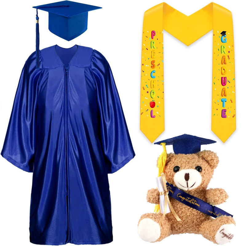 Unittype 4 Pcs Preschool Graduation Gown Cap With Tassel Graduation Stole Stuff Plush Bear Set For Kids Graduation Gifts (Dark B