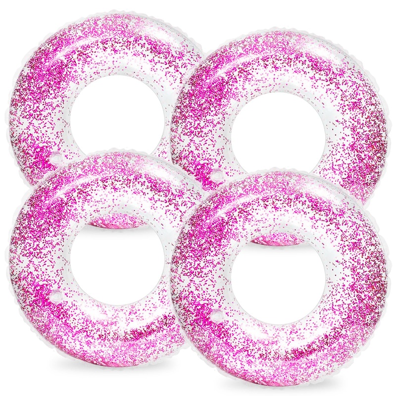 Whaline 4Pcs Inflatable Pool Floats Toys Clear Swim Tubes Rings Glitter Hot Pink Pool Tube For Teen Boys Girls Outdoor Summer Sw
