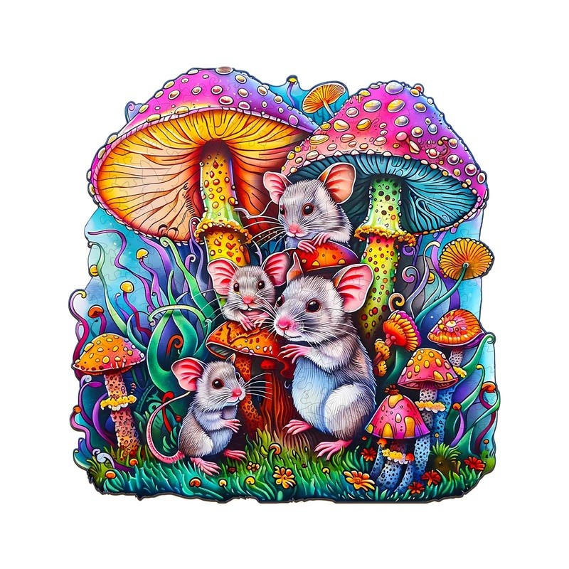 Wooden Puzzles For Adult, Mouse Family And Mushroom Wooden Jigsaw Puzzle, Unique Shape Animal Puzzle With Beautiful Wooden Box,