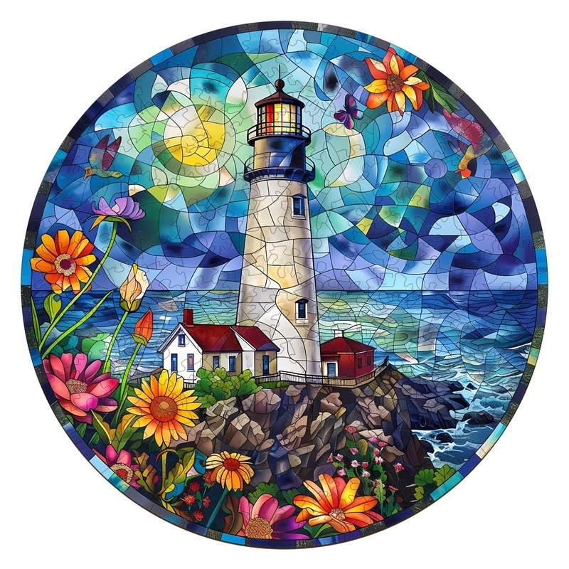 Wooden Puzzles For Adults, Stained Glass Lighthouse Wooden Jigsaw Puzzles For Adults 200 Pieces, Seaside Flower Wood Puzzles Adu
