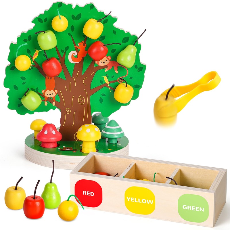 Woodtoe Toddler Fine Motor Skill Toys – Apple Picking Magnetic Fruit Tree Toy | Montessori Wooden Color & Shape Sorting Puzzle |